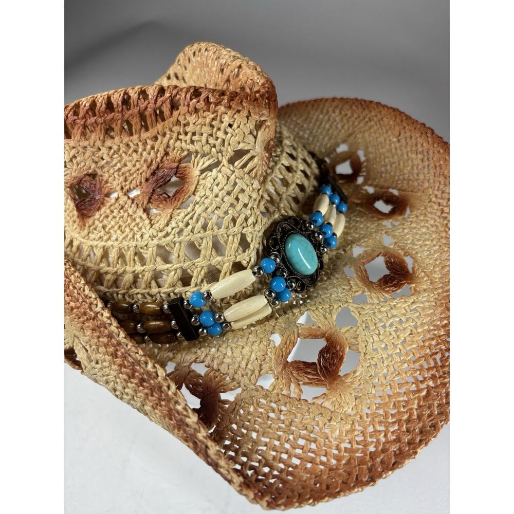 Fluffy Sense Straw Cowboy Hat Women Western Boho Turquoise Beaded Festival NWT - Picture 3 of 10